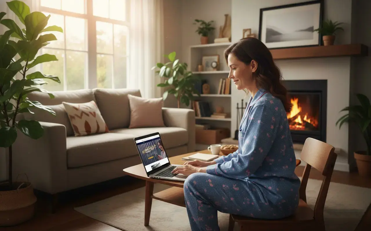 A woman in blue pajamas manages her MobilCube invoices on her laptop in her living room in Otterburn Park.