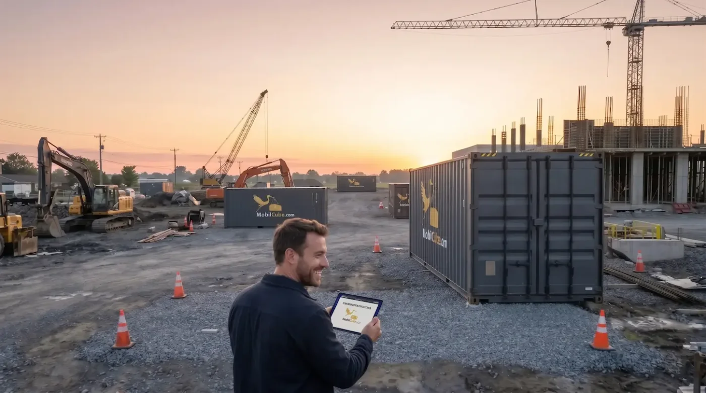 A contractor smiles while using a tablet to schedule a MobilCube container return on a jobsite in Bécancour at sunrise.