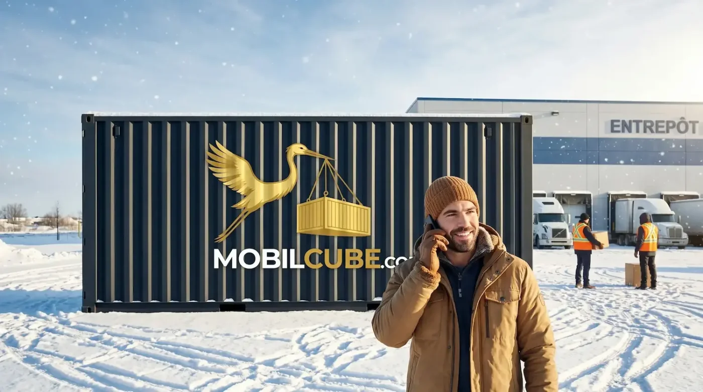 A MobilCube employee smiles on the phone in front of a container at the Boucherville storage center during winter.