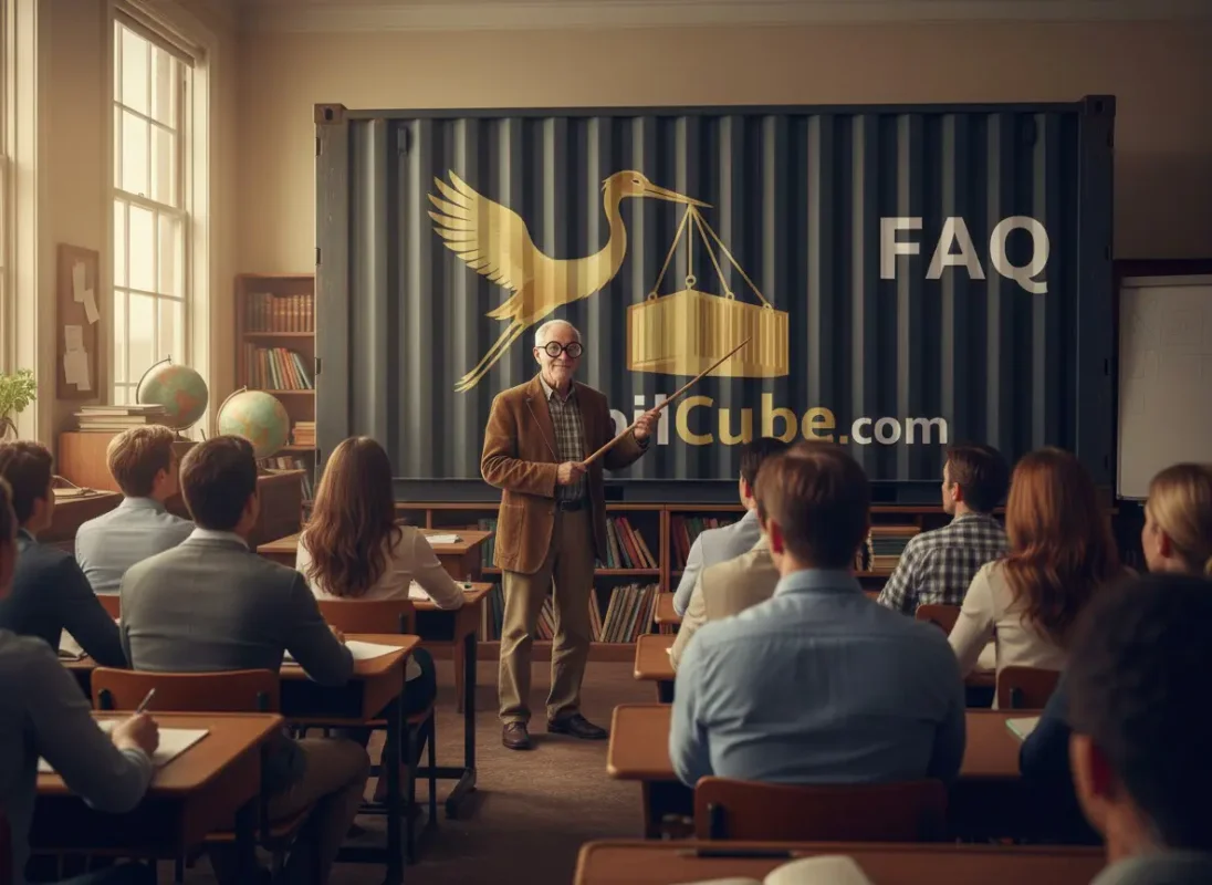 : Illustration of an elderly professor with an academic pointer teaching mobile storage basics to adults.