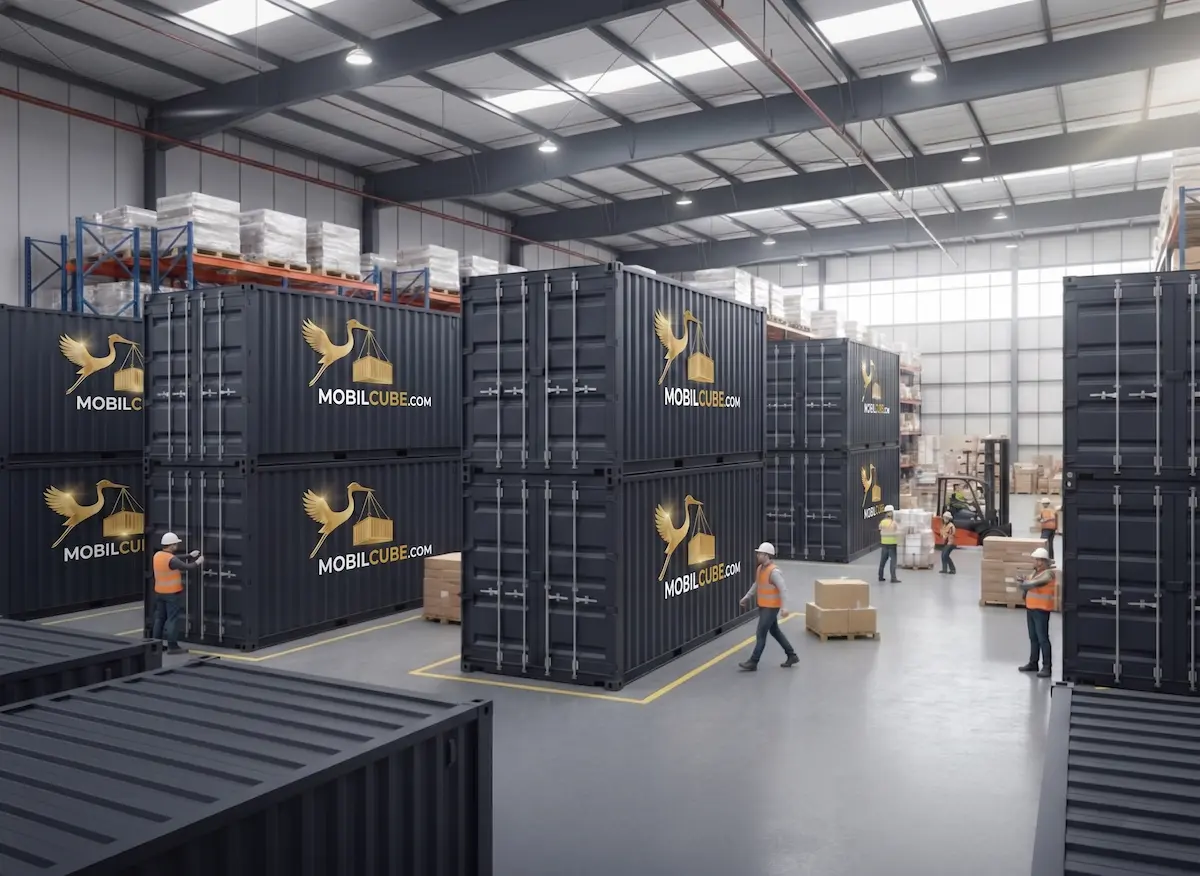 Illustration of a secure warehouse in Boucherville housing several stacked MobilCube containers.