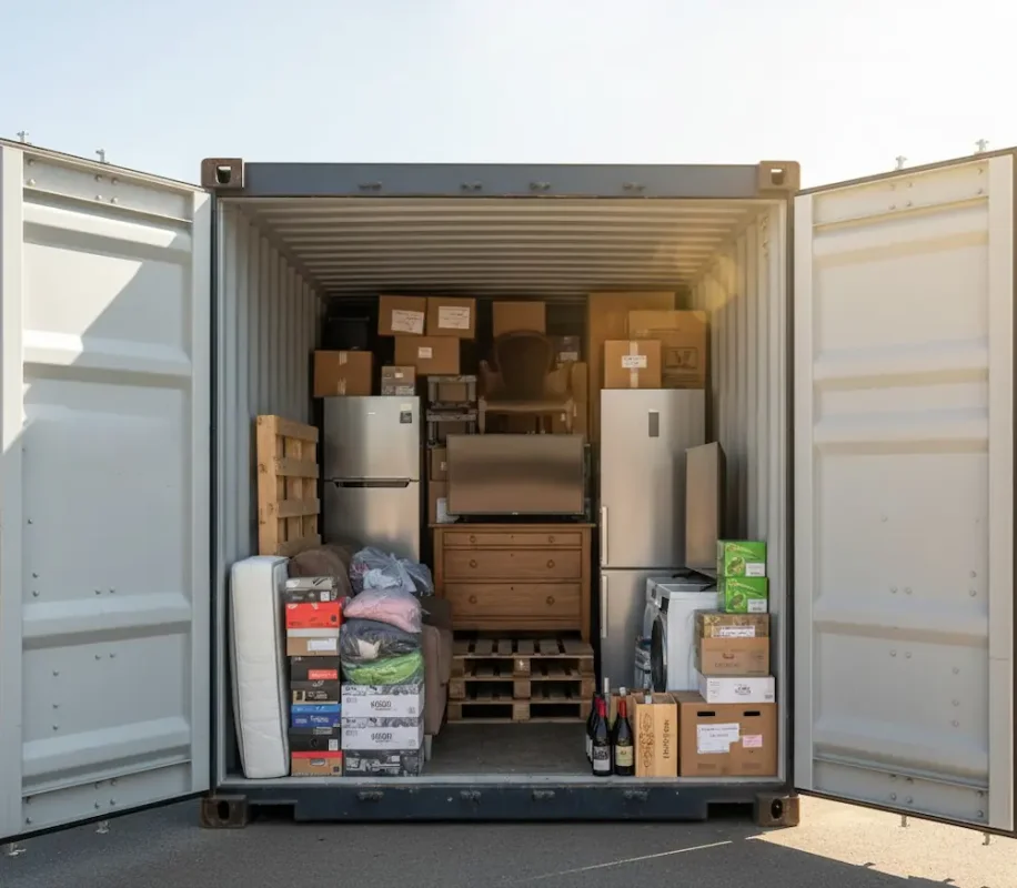Interior view of an open MobilCube container filled with organized furniture and boxes.