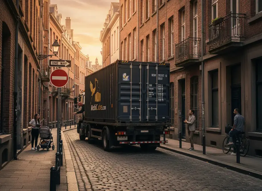 Illustration détaillée d'un camion transportant un conteneur MobilCube bloqué dans une rue étroite au crépuscule, illustrant un défi logistique.