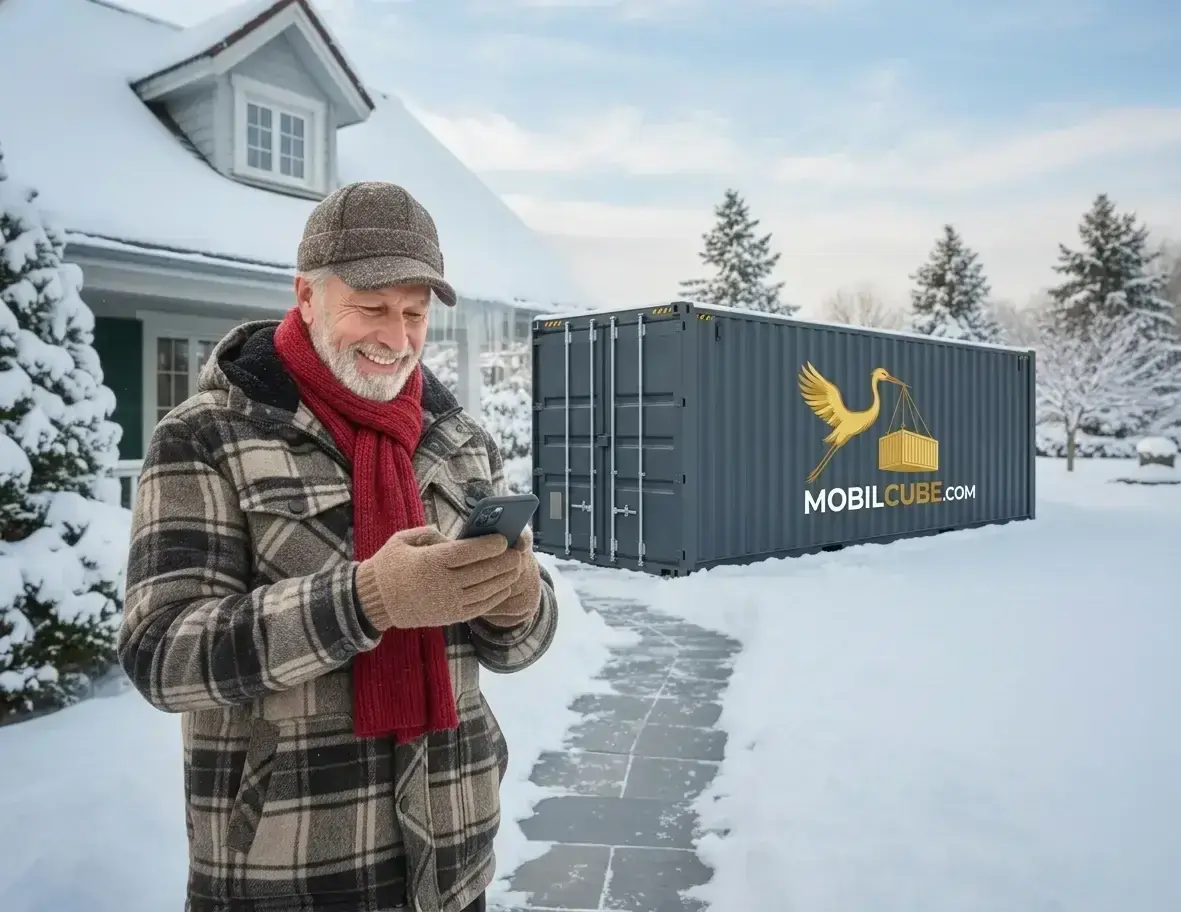 Illustration d'un monsieur âgé souriant utilisant son cellulaire devant son conteneur MobilCube en hiver.