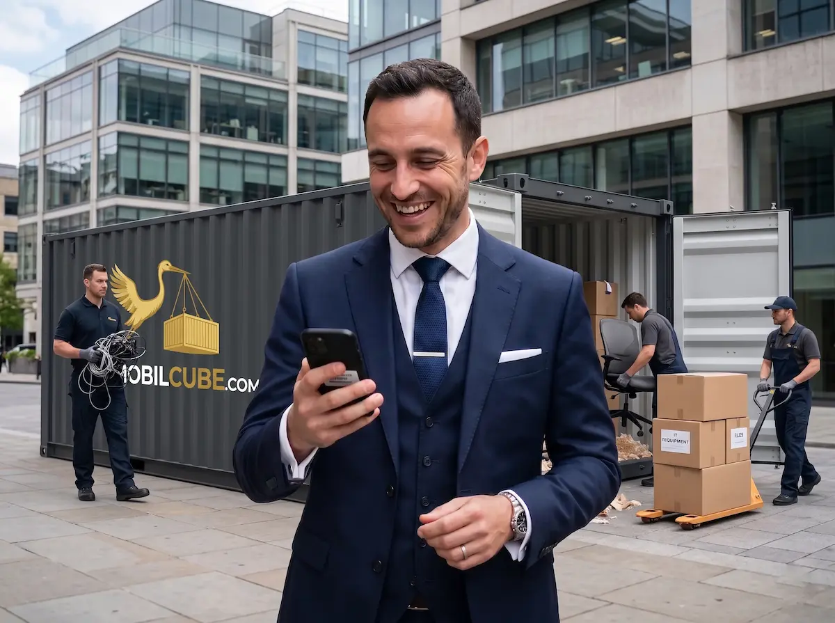 Entrepreneur souriant consultant son cellulaire devant un conteneur MobilCube en plein chargement professionnel.
