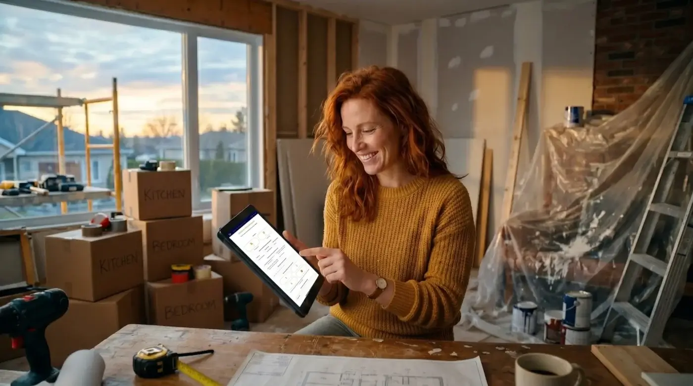 A smiling woman uses a tablet in a room under renovation, surrounded by moving boxes.