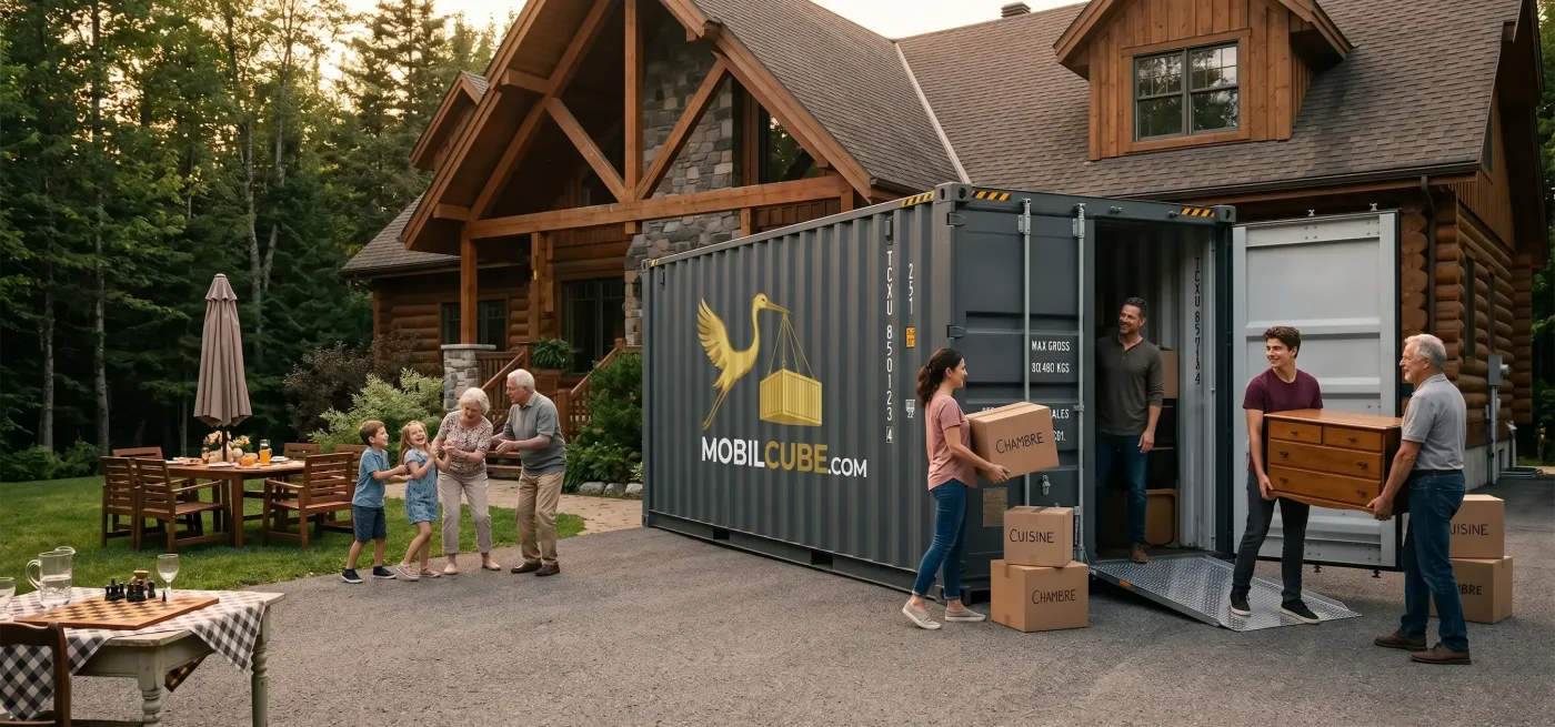 A multi-generational family gathered in front of a MobilCube storage unit in Boucherville, showcasing a premium and stress-free residential