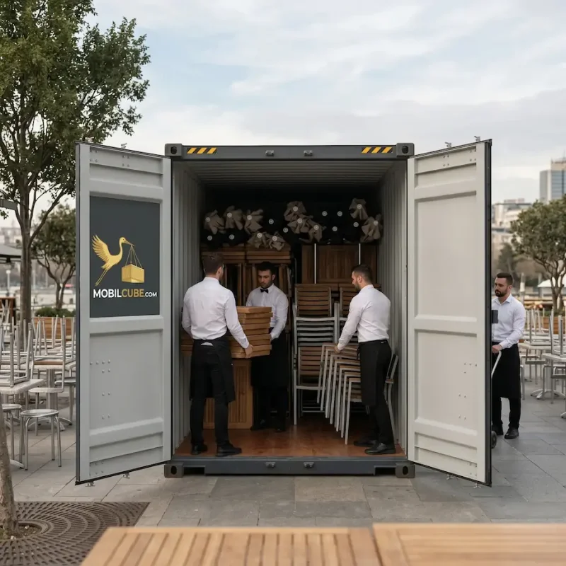 Restaurant staff in Longueuil storing patio furniture into a MobilCube container.