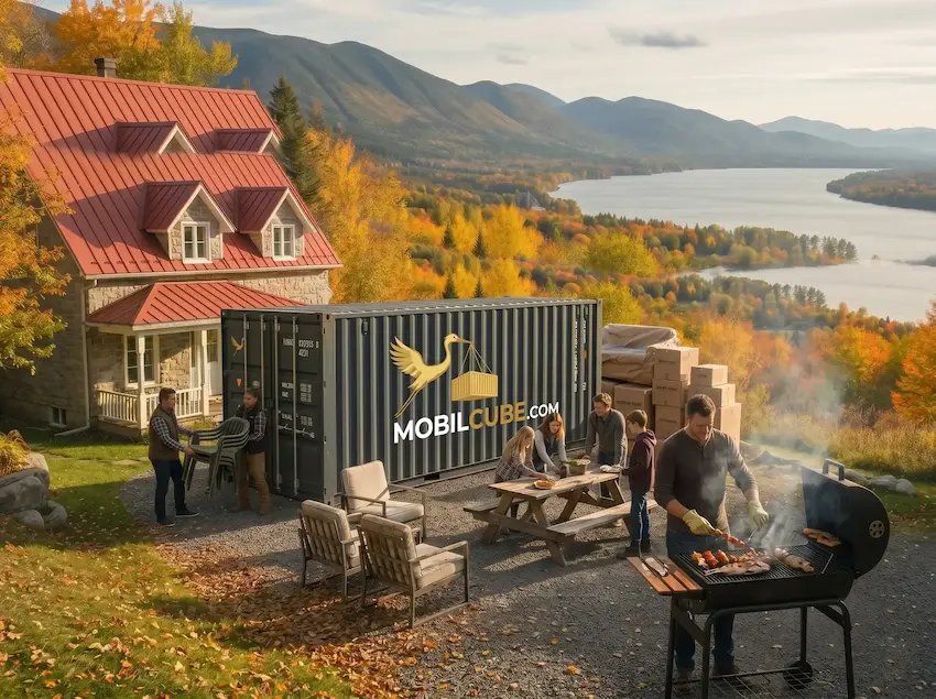 A MobilCube unit set by a lake in the Eastern Townships, showcasing the peace of mind of the Avantage offer: the longer you store, the less you pay.
