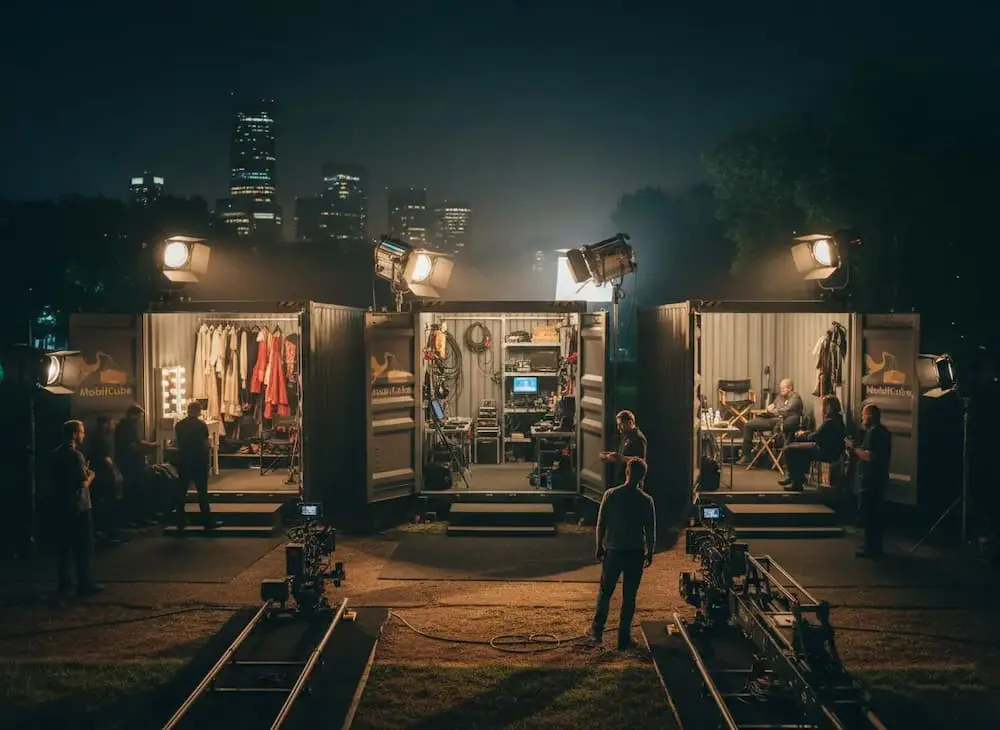 Three MobilCube units, open and lit, serving as technical storage on a night film set.