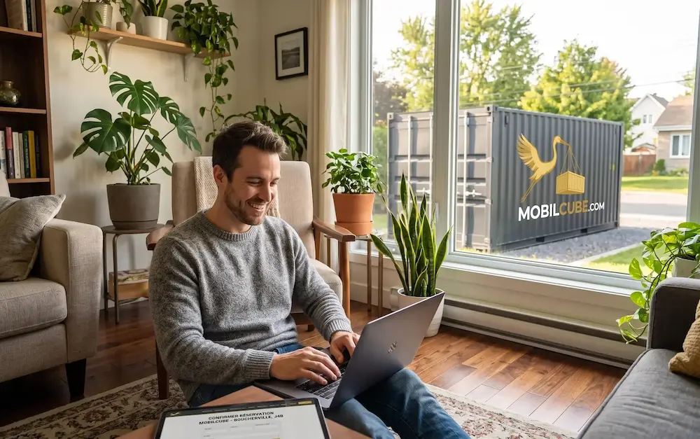Satisfied customer checking his MobilCube client portal on his laptop, with his storage unit visible in his driveway in Boucherville.