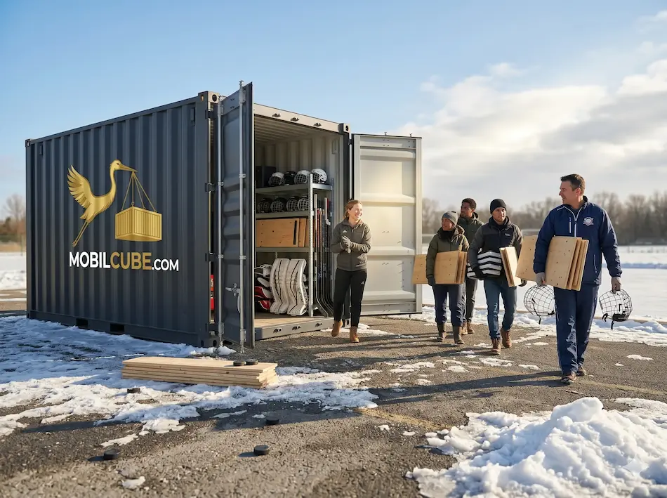 Hockey coaches retrieving practice gear from their MobilCube unit parked by an outdoor skating rink in winter.