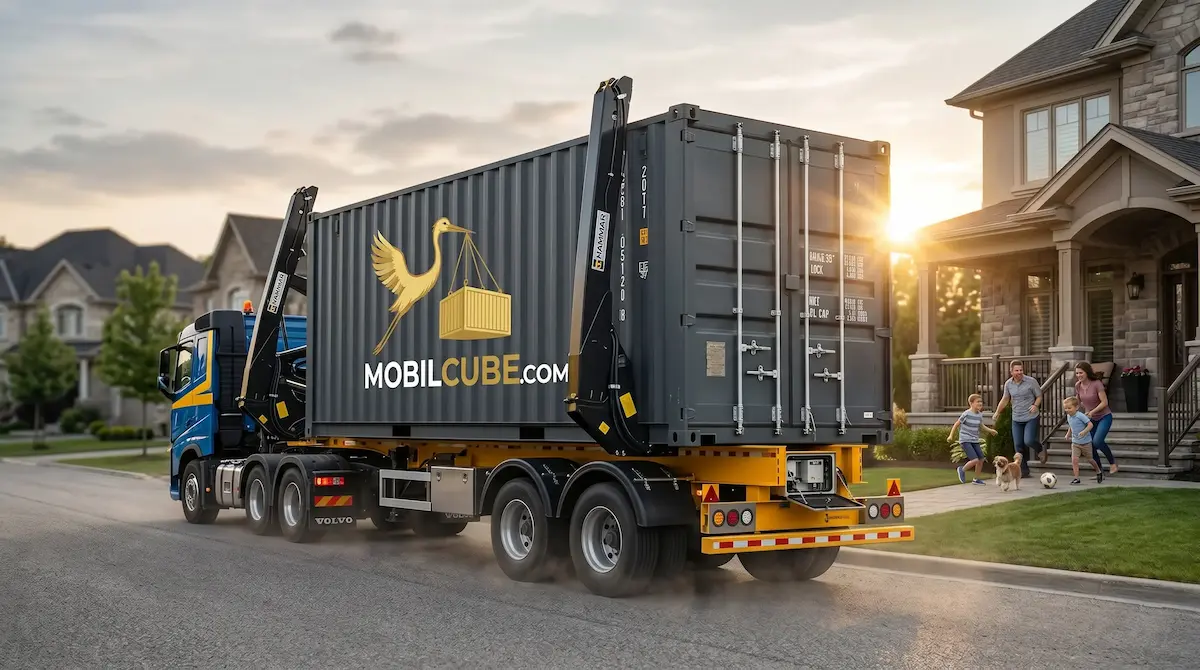 Transport truck with a MobilCube container held horizontally in front of a family playing soccer.