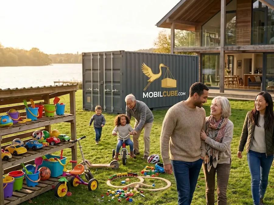Happy family enjoying their lakeside garden with a MobilCube illustrative container parked discreetly in the background.