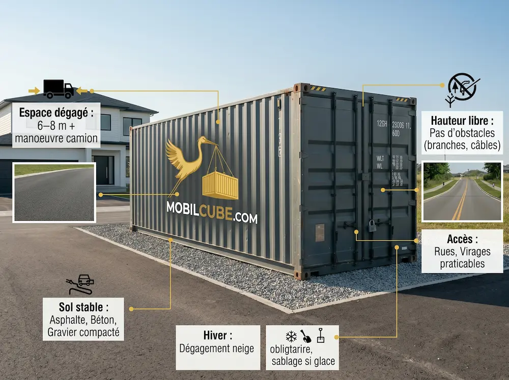 Infographie explicative des prérequis techniques pour l'installation d'un conteneur MobilCube.