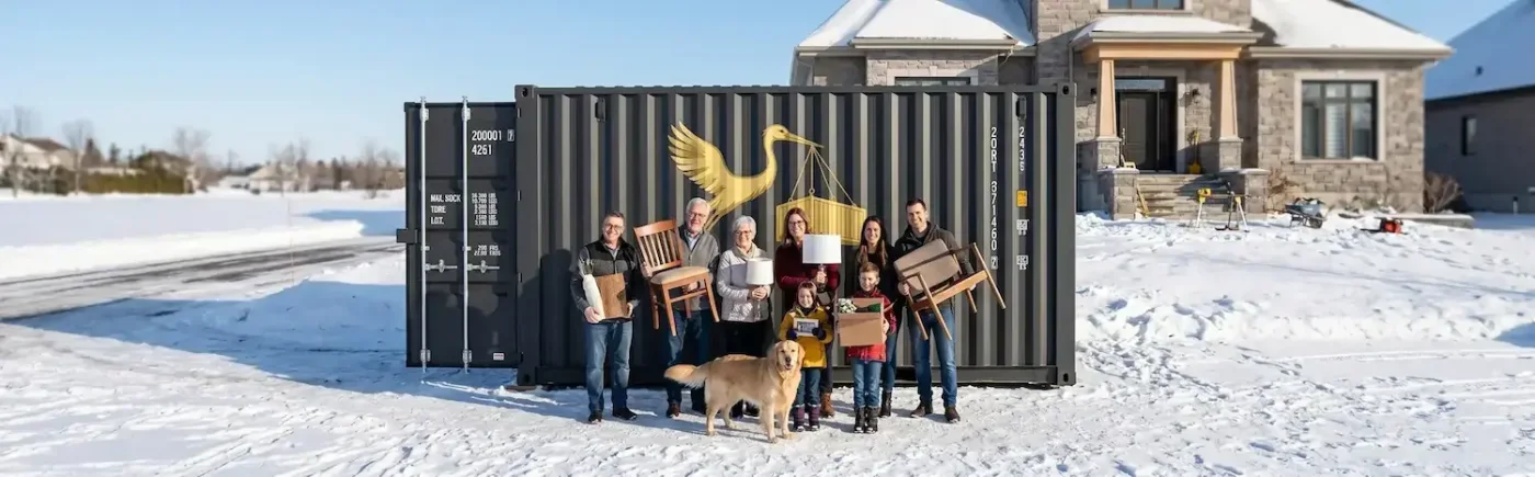 Photo de famille devant un conteneur MobilCube lors d'un déménagement hivernal sur un terrain parfaitement déneigé.