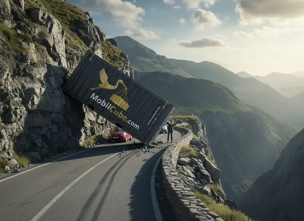 Image illustrative d'un conteneur MobilCube bloquant une route de montagne pour illustrer les défis du transport lourd.