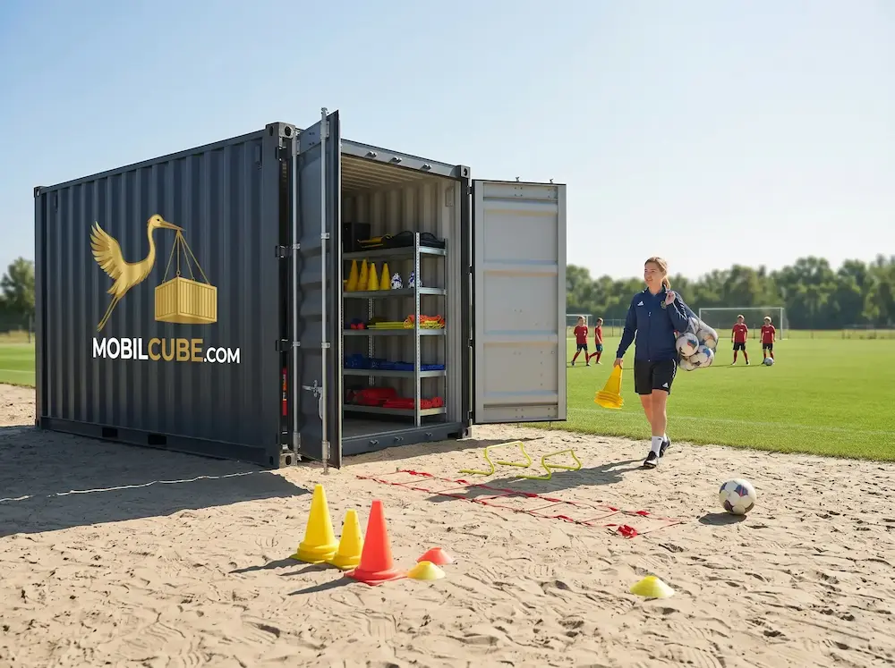 Une entraîneuse de soccer récupère du matériel dans une unité MobilCube installée au bord d'un terrain à Varennes.