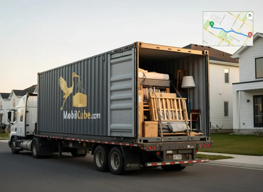Un camion de transport partenaire déplace une unité MobilCube chargée devant des maisons neuves à Beauharnois.