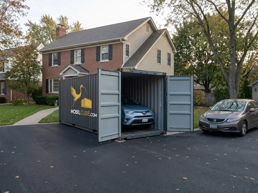 Un véhicule bleu est stationné à l'intérieur d'une unité MobilCube grise dans une entrée résidentielle à Laval-sur-le-Lac.