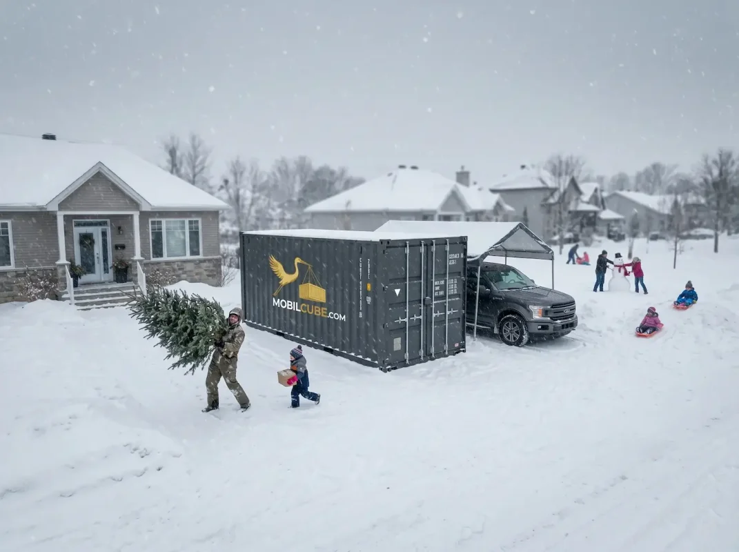 Scène de vie hivernale animée autour d'un MobilCube installé devant une résidence à Saint-Lin-Laurentides.