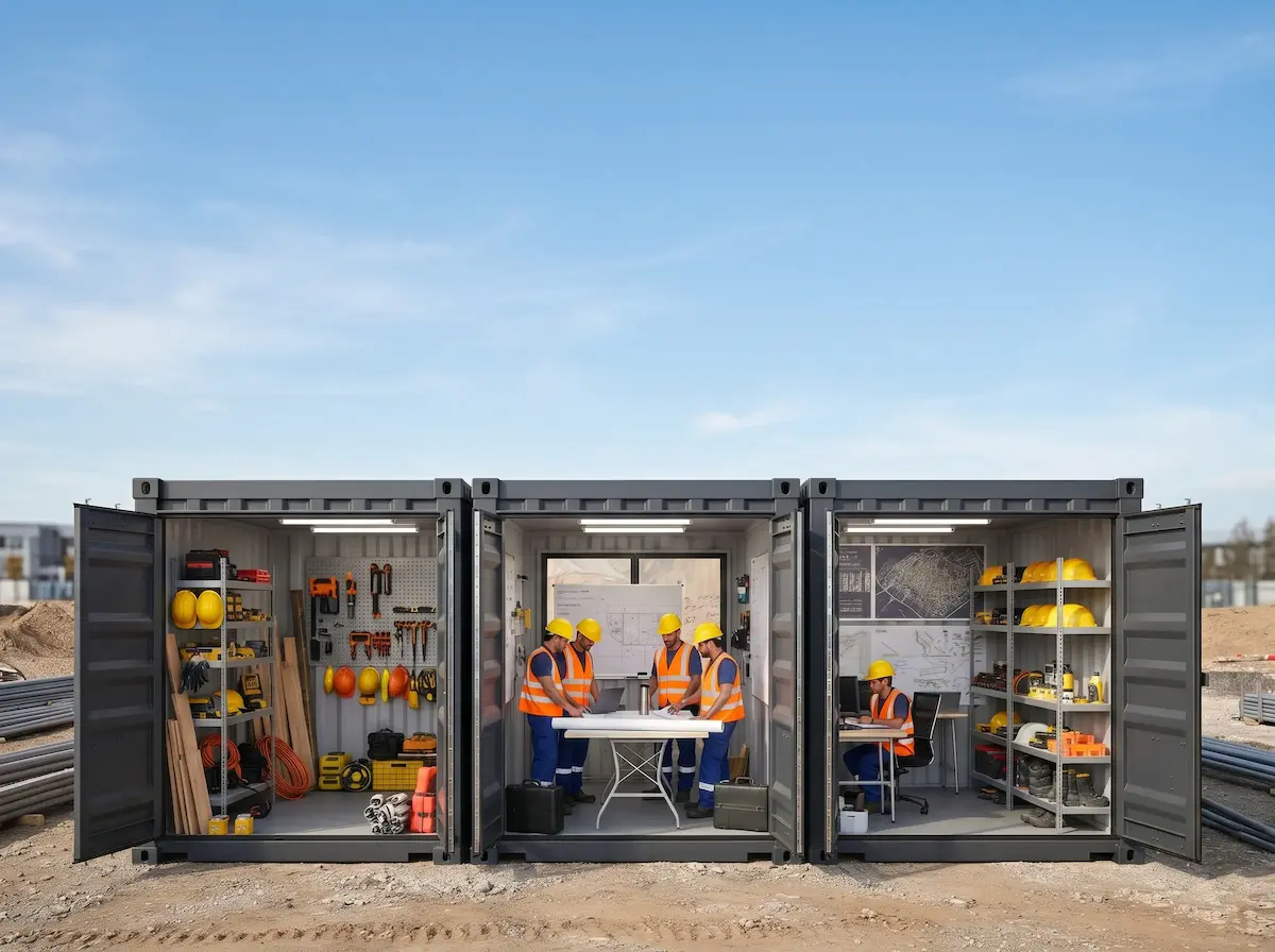Trois conteneurs MobilCube configurés en atelier, bureau et centre de plans sur un chantier à Bécancour.
