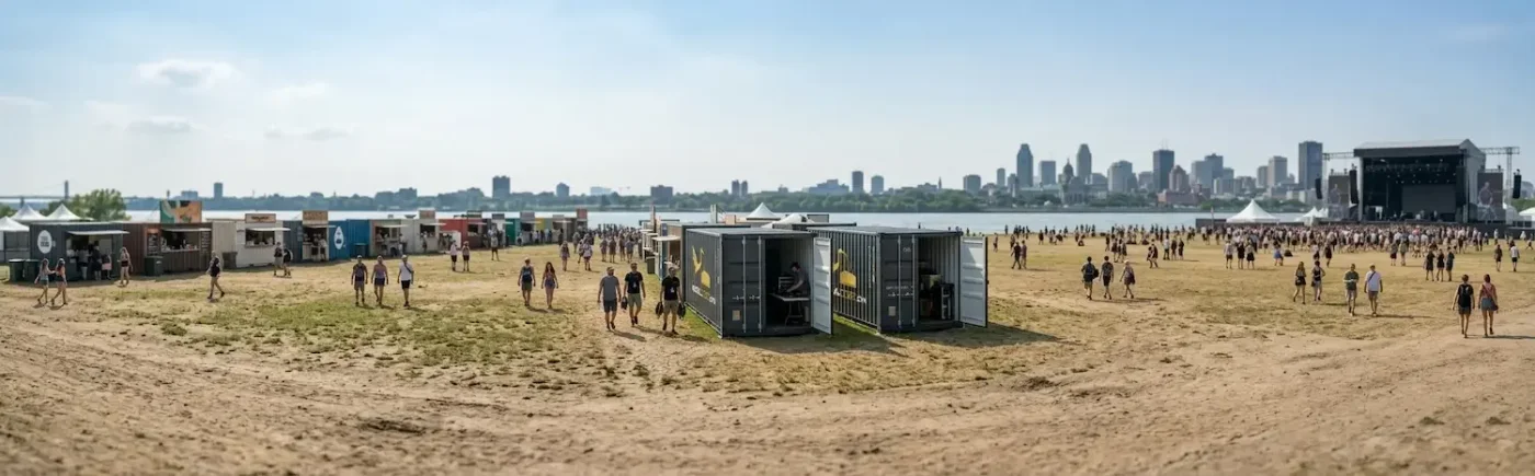 Des unités MobilCube alignées sur un site de festival au parc Jean-Drapeau avec la silhouette de Montréal en arrière-plan.
