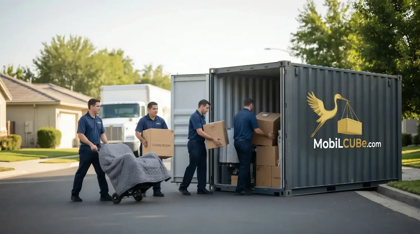 Quatre déménageurs professionnels chargent avec soin un conteneur MobilCube devant une maison à Dollard-des-Ormeaux.