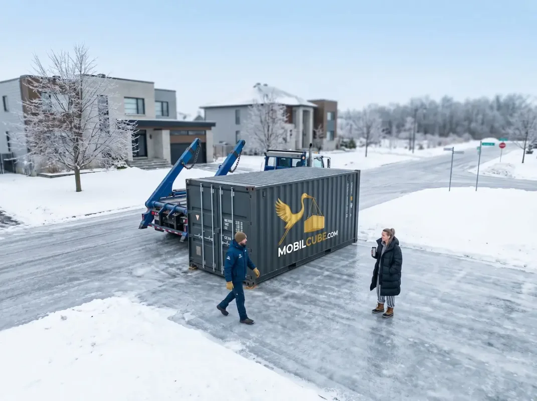 Une cliente et un livreur discutent devant une unité MobilCube sur une entrée déneigée à Saint-Nicolas.