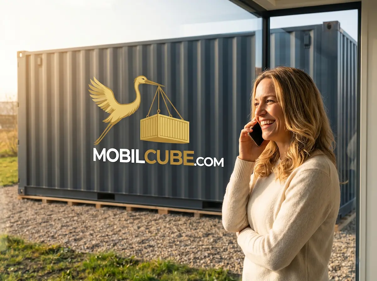 Une cliente souriante au téléphone devant une unité MobilCube installée dans son entrée à Saint-Basile-le-Grand.