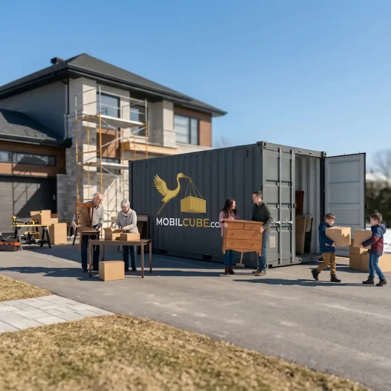 A family is busy loading a MobilCube container in front of a modern home in Sainte-Anne-de-Bellevue.