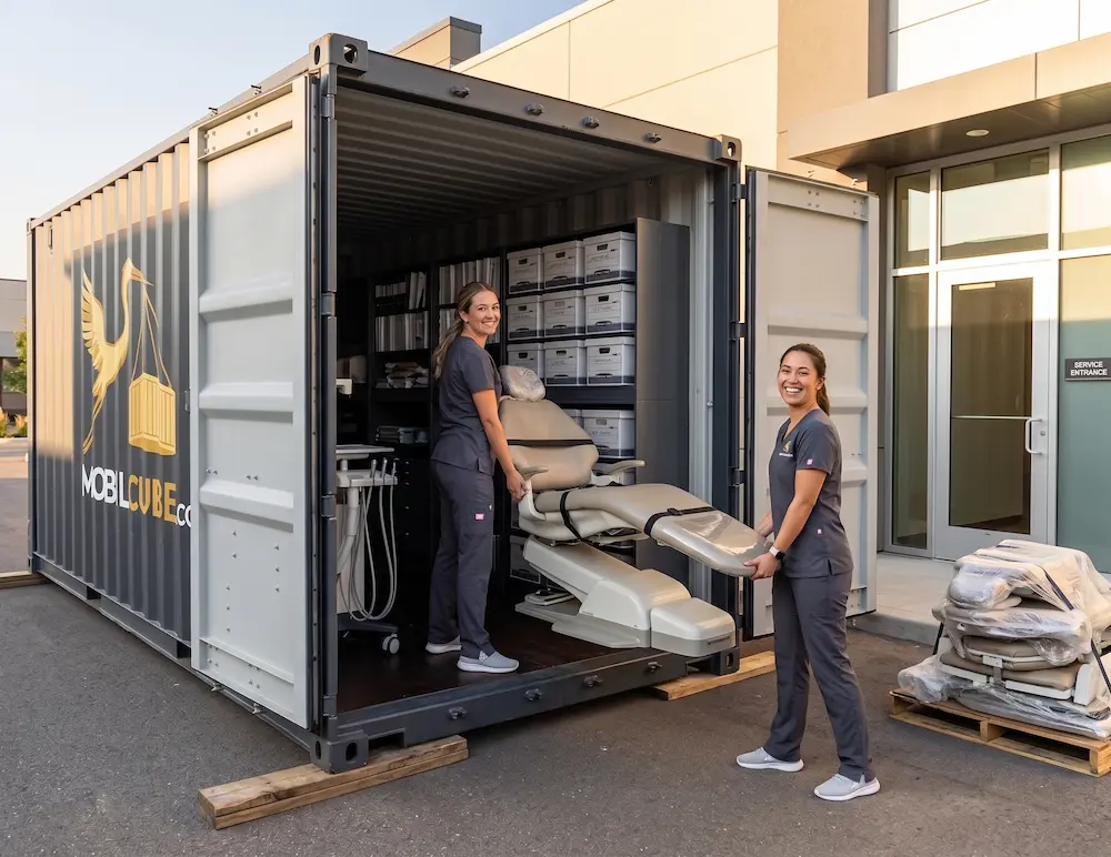 Two dental assistants organize a treatment chair inside a MobilCube container in Sainte-Dorothée.