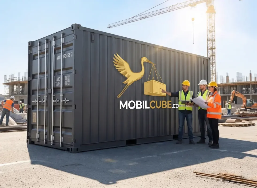Three construction professionals discuss plans in front of a MobilCube container on a large jobsite in Saint-Eustache.