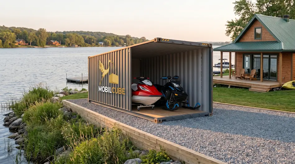 An open MobilCube container by a lake in Ivry-sur-le-Lac housing a jet ski and a snowmobile.