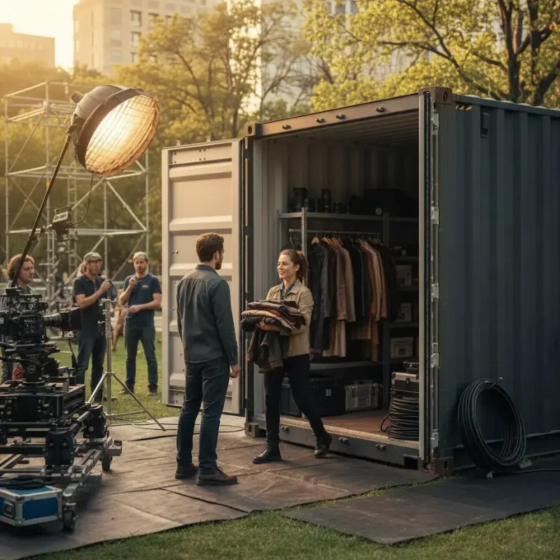 A film crew uses a MobilCube container as a professional wardrobe at Belmont Park in Montreal.