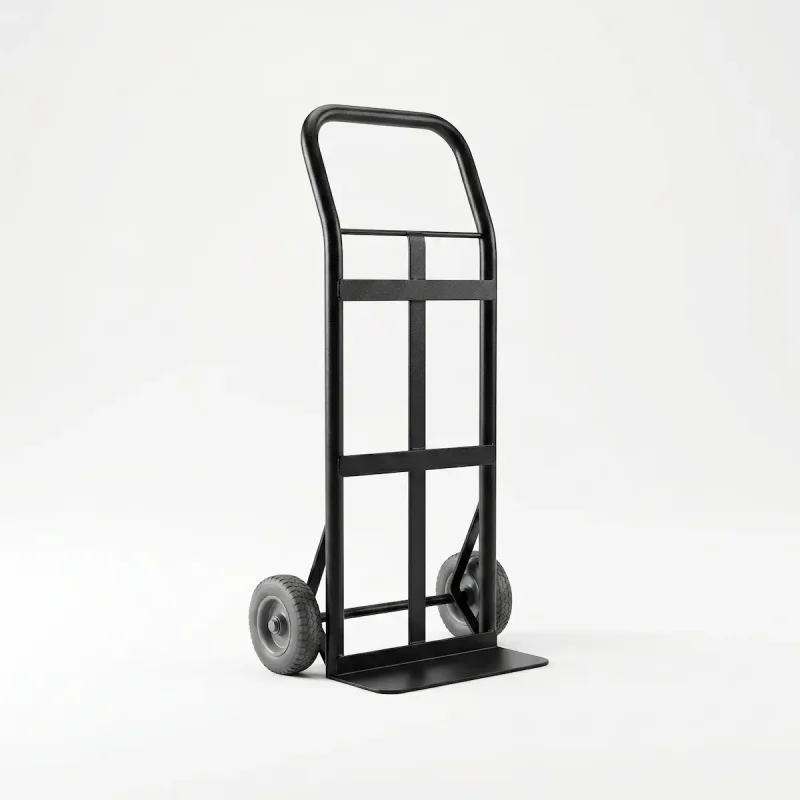 Un diable de transport robuste en acier noir avec roues pneumatiques grises, présenté sur un fond blanc.