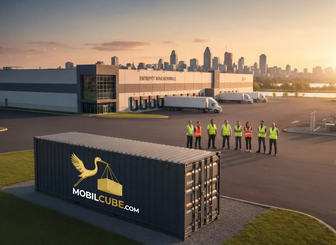 Illustration of a logistics hub in Boucherville with trucks at loading docks and a large industrial warehouse, featuring the Montreal skyline in the background.