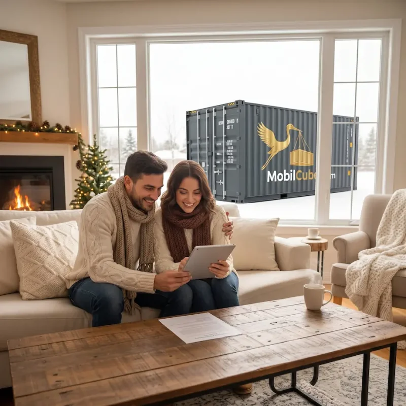 Couple in their living room, smiling and close, using the MobilCube client portal on a tablet, with their storage unit visible through the window.