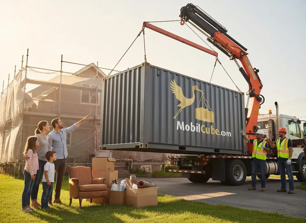 MobilCube container being delivered by crane in front of a house under renovation with scaffolding, watched by a family.