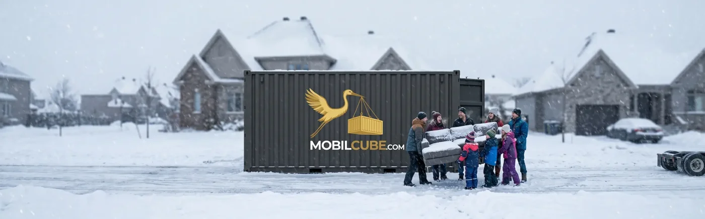 Group of people working together to unload a sofa from a MobilCube container in a snowy residential neighborhood.