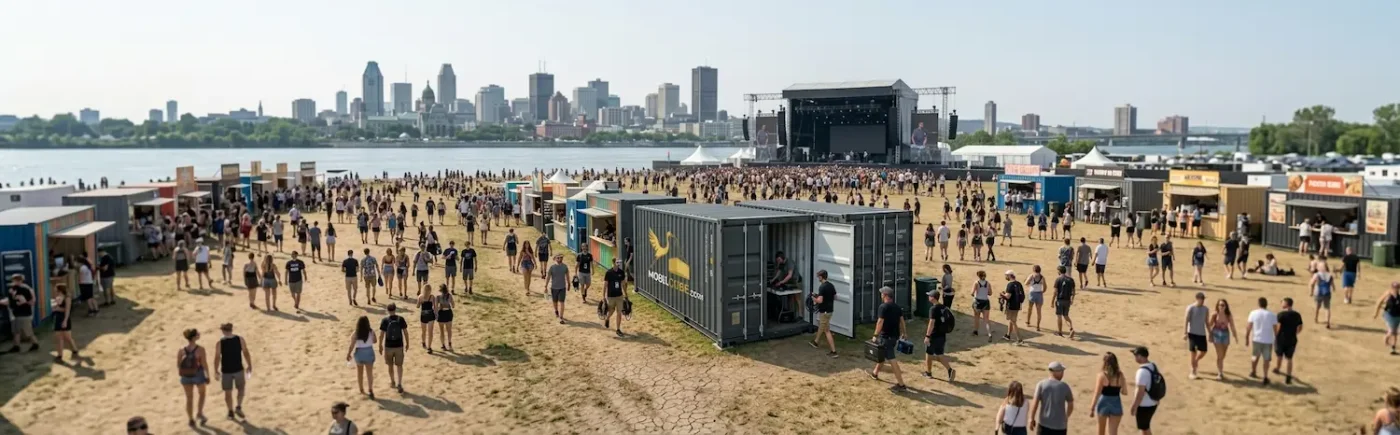 View of a crowded festival on an urban beach with a MobilCube container used as a logistics unit, facing the Montreal skyline.