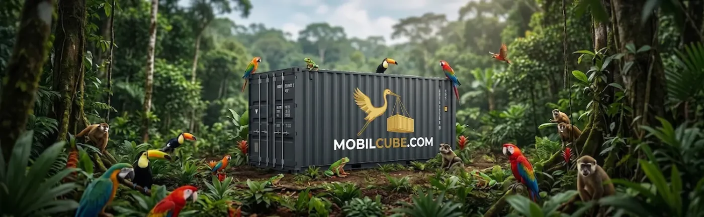 MobilCube CORTEN steel container in the middle of a tropical jungle with parrots, toucans, monkeys, and frogs perched on and around the unit