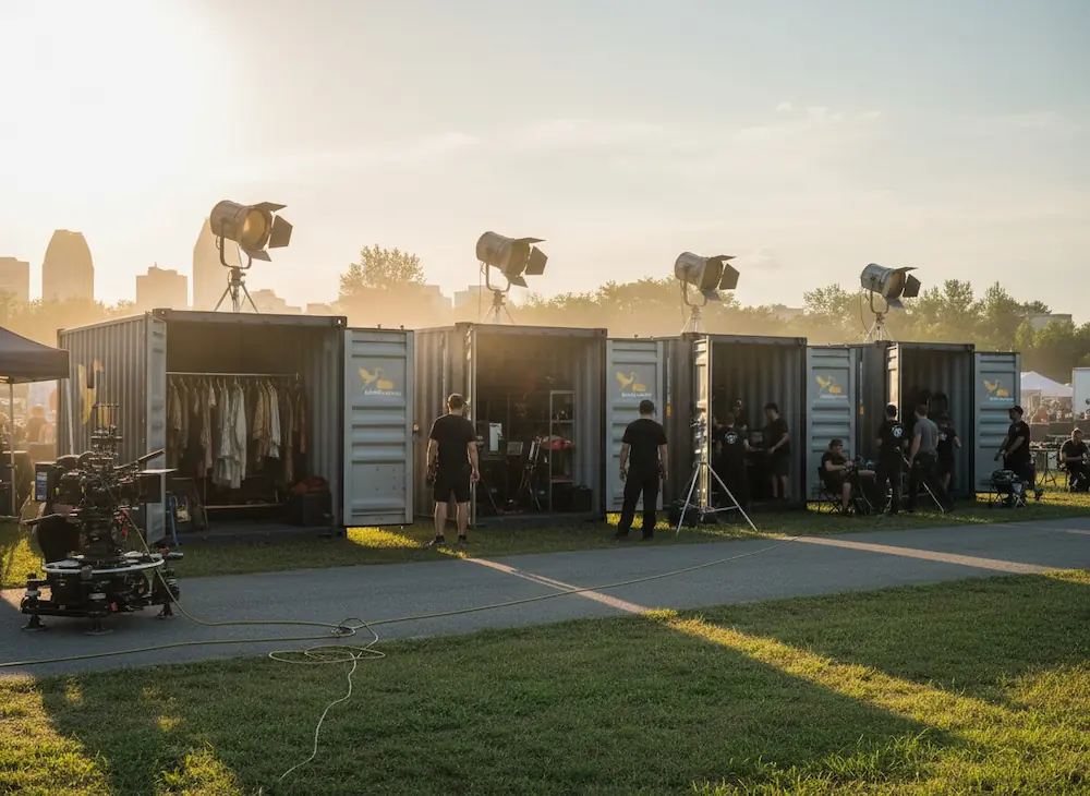 Row of open MobilCube containers on a grassy field, used as dressing rooms and storage for a film shoot at sunset.