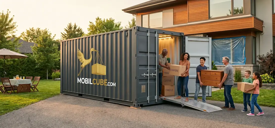 Multigenerational family happily unloading boxes and furniture from a MobilCube container with a ramp, in a home driveway.