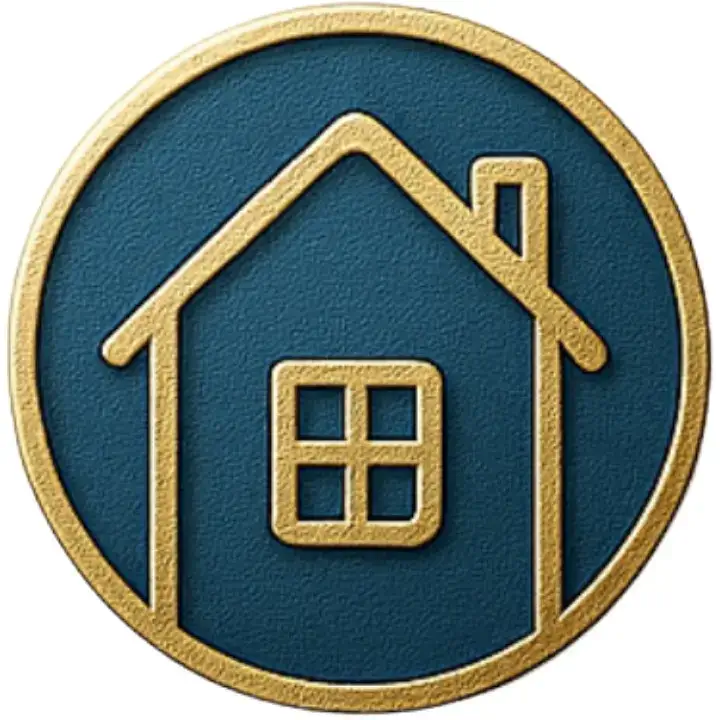 Stylized icon representing a house, front view, inside a circle.
