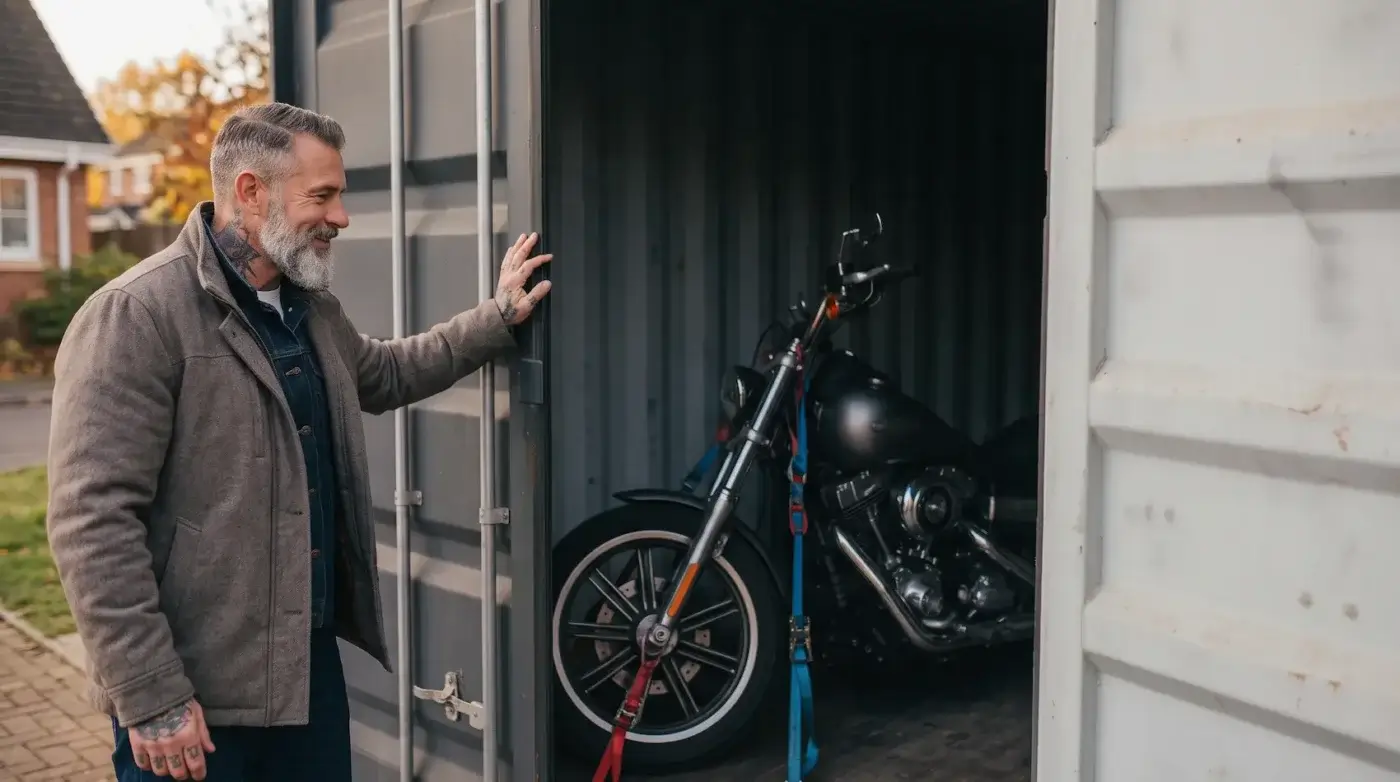 A smiling man opens a MobilCube mobile storage unit containing his secured motorcycle, parked in a Longueuil residential driveway for winter storage.